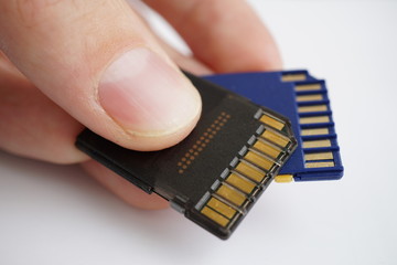 Male hand holding isolated plastic blue and black compact memory cards (SD card - Secure Digital...