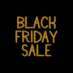 Black Friday sale in gold letters on a black background. The shading style doodles. Hand draw elements.
