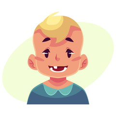 Little boy face expression, smiling facial expression, cartoon vector illustrations isolated on yellow background. Blond male kid emoji face smile, white teeth. Happy, glad, smiling face expression