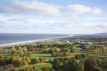 Abergele coastline, the sea meets the countryside in Autumn showing trees, fields and the beach/ ocean - United Kingdom