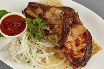 Pork ribs barbecue appetizing macro photo