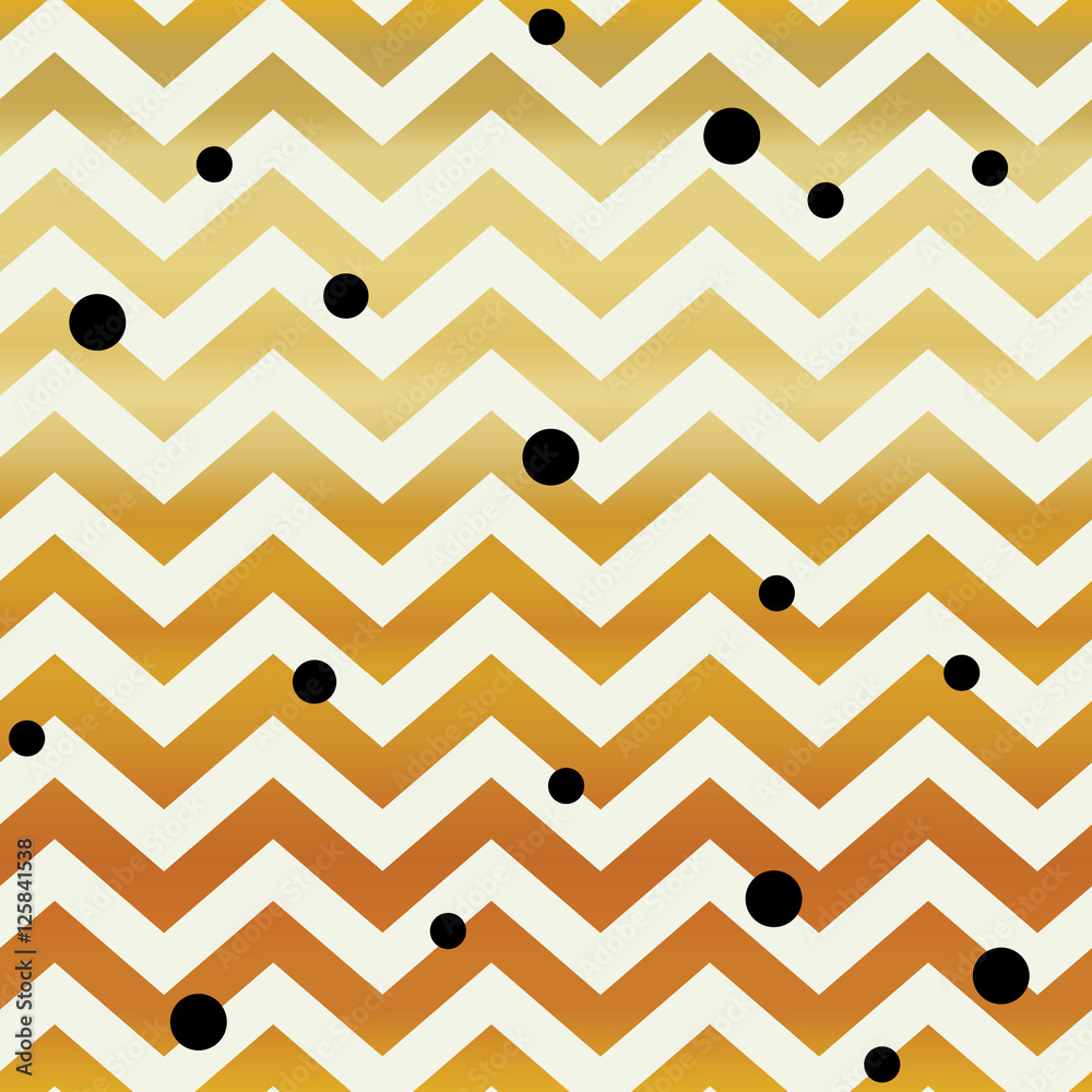 Poster gold chevron seamless pattern. zigzag lines and black dots