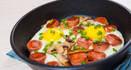 fried eggs with mushrooms and sausage in a frying pan