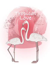 Two flamingo over pink watercolor cloud with lettering tropical