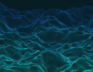 Wavy linear colorful procedural terrain. Striped digital extraterrestrial landscape. Trendy wireframe cybernetic mountains. Modern illustration for a background. Element of design. - 125845303
