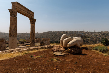 ruins of the Hercules temple on Amman, Jordan. Hercules hand at the antique Citadel, Amman, Jordan.