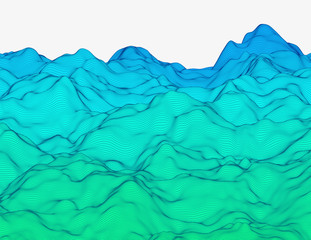 Wavy linear colorful procedural terrain. Striped digital extraterrestrial landscape. Trendy wireframe cybernetic mountains. Modern illustration for a background. Element of design.