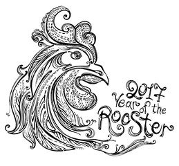 Fototapeta premium Hand drawn Rooster. Symbol 2017. The Year of Rooster. The rooster head monochrome illustration. Vector file. 