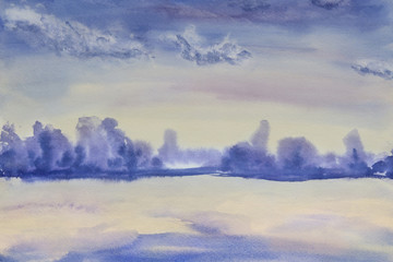 water color winter landscape with snow