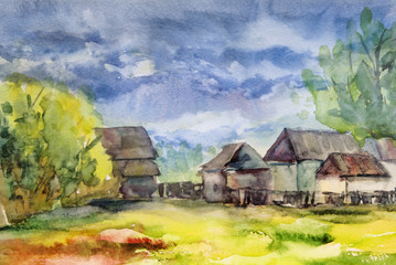 rural landscape with houses and trees
