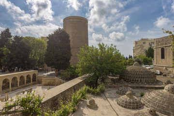 View of Maiden's Tower and turkish baths in Baku old town, Azerbaijan 