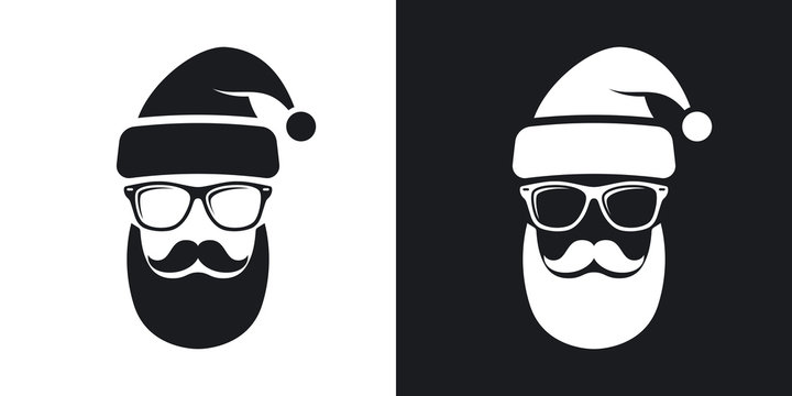 Two-tone Version Of Silhouette Of Santa Claus With A Cool Beard, Mustache And Glasses On Black And White Background