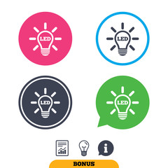 Led light lamp icon. Energy symbol. Report document, information sign and light bulb icons. Vector