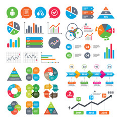 Business charts. Growth graph. Bank loans icons. Cash money bag symbol. Apply for credit sign. Check or Tick mark. Market report presentation. Vector