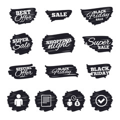 Ink brush sale stripes and banners. Bank loans icons. Cash money bag symbol. Apply for credit sign. Check or Tick mark. Black friday. Ink stroke. Vector