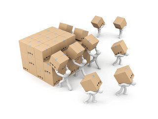 People unload a bunch of boxes. Parcel delivery. 3d illustration