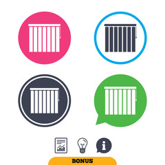 Louvers vertical sign icon. Window blinds or jalousie symbol. Report document, information sign and light bulb icons. Vector