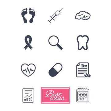Medicine, medical health and diagnosis icons. Syringe injection, heartbeat and pills signs. Tooth, neurology symbols. Report document, calendar icons. Vector
