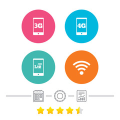 Mobile telecommunications icons. 3G, 4G and LTE technology symbols. Wi-fi Wireless and Long-Term evolution signs. Calendar, cogwheel and report linear icons. Star vote ranking. Vector