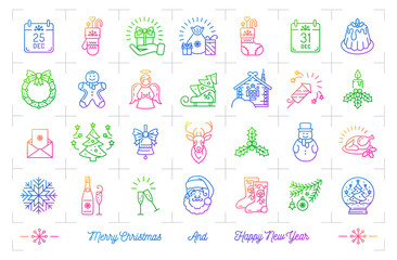Fototapeta premium Trendy gradient Christmas icons set, New Year isolated symbols. Celebration party icons, Winter holiday thin line logo. Modern Christmas decorative colorful elements on a white background. Vector