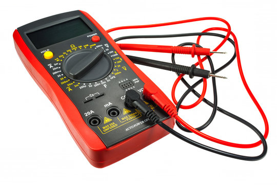 Digital multimeter with probes isolated on a white background