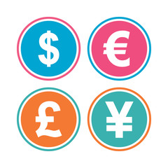 Dollar, Euro, Pound and Yen currency icons. USD, EUR, GBP and JPY money sign symbols. Colored circle buttons. Vector