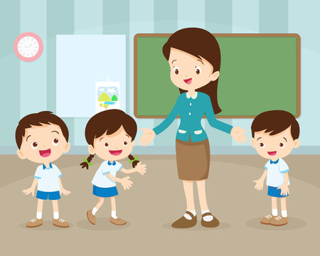 classroom with teacher and pupils.Teacher Teaching Students In Classroom,World Book Day,Back to school,Stationery,Book,Children, Supplies, Educational Subject.