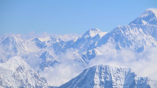 Mount Everest and himalaya range panorama view flyby