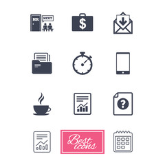 Office, documents and business icons. Accounting, human resources and phone signs. Mail, salary and statistics symbols. Report document, calendar icons. Vector