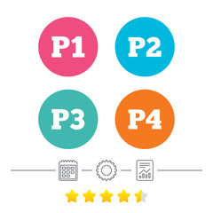 Car parking icons. First, second, third and four floor signs. P1, P2, P3 and P4 symbols. Calendar, cogwheel and report linear icons. Star vote ranking. Vector