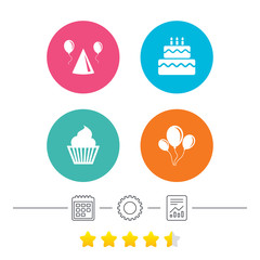 Birthday party icons. Cake, balloon, hat and muffin signs. Celebration symbol. Cupcake sweet food. Calendar, cogwheel and report linear icons. Star vote ranking. Vector