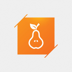 Pear with leaf sign icon. Fruit with seeds symbol. Orange square label on pattern. Vector
