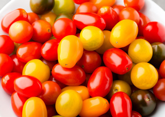 Tomatoes on the gray background. Colorful tomatoes, red tomatoes