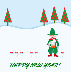 Fototapeta premium Elf with pointed ears, green red outfit, holding a beer. Beside him sorted toadstools. Backgrounds snowy landscape with stylized firs. Green text Happy New Year. Left from the middle copy space.