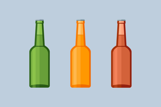 Set of glass beer bottles isolated on blue background. Flat style vector illustration.