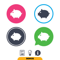 Piggy sign icon. Pork symbol. Report document, information sign and light bulb icons. Vector