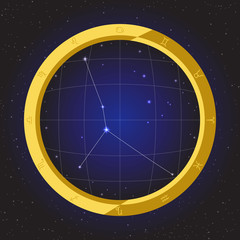 Obraz na płótnie Canvas cancer star horoscope zodiac in fish eye telescope golden ring frame with cosmos background