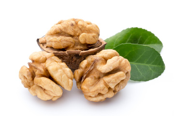 Walnut and walnut kernel isolated on the white background.