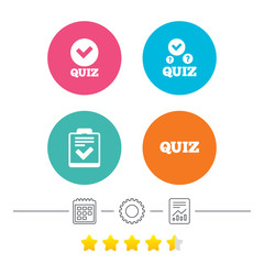 Quiz icons. Checklist with check mark symbol. Survey poll or questionnaire feedback form sign. Calendar, cogwheel and report linear icons. Star vote ranking. Vector
