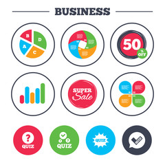 Business pie chart. Growth graph. Quiz icons. Speech bubble with check mark symbol. Explosion boom sign. Super sale and discount buttons. Vector