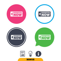 Register now sign icon. Join button symbol. Report document, information sign and light bulb icons. Vector