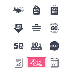 Sale discounts icon. Shopping, handshake and cart signs. 10, 50 and 60 percent off. Special offer symbols. Report document, calendar icons. Vector