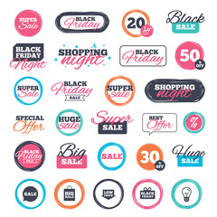 Obraz premium Sale shopping stickers and banners. Sale speech bubble icon. Black friday gift box symbol. Big sale shopping bag. Low price arrow sign. Website badges. Black friday. Vector