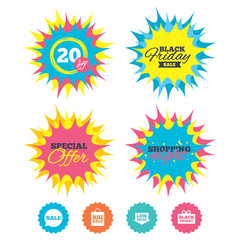 Shopping night, black friday stickers. Sale speech bubble icon. Black friday gift box symbol. Big sale shopping bag. Low price arrow sign. Special offer. Vector