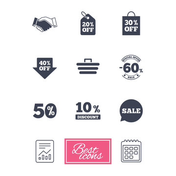 Sale discounts icon. Shopping, handshake and cart signs. 10, 50 and 60 percent off. Special offer symbols. Report document, calendar icons. Vector