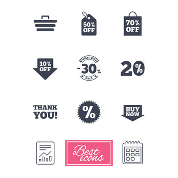 Sale discounts icon. Shopping cart, coupon and buy now signs. 20, 30 and 50 percent off. Special offer symbols. Report document, calendar icons. Vector