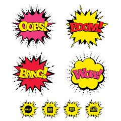 Comic Boom, Wow, Oops sound effects. Sale speech bubble icons. Buy now arrow symbols. Black friday gift box signs. Big sale shopping bag. Speech bubbles in pop art. Vector