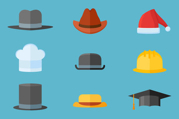 Set of hats isolated on blue background. Safety helmet, bowler, top hat, graduation cap, chef, gangster, tourist, cowboy and Santa Claus hats. Flat style vector illustration.