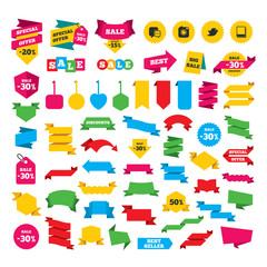 Fototapeta premium Web stickers, banners and labels. Social media icons. Chat speech bubble symbol. Hipster photo camera sign. Empty photo frames. Special offer tags. Vector