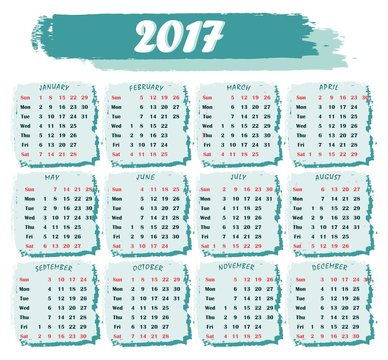 Calendar for 2017 in green color on a white background. Vertical orientation. Week starts Sunday. Simple vector template